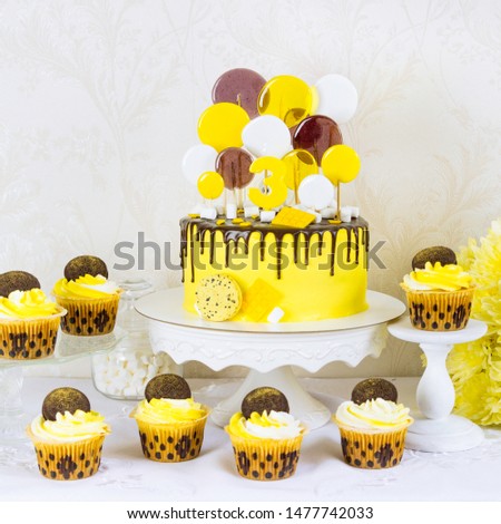 Cake and cupcakes with yellow cream and chocolate dripping. Cupcake sweets on  table. Candy bar.
