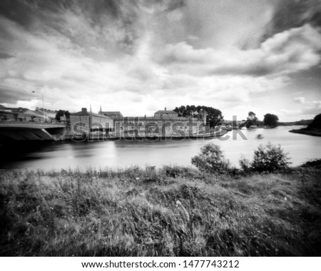 River Erne and Castle, Enniskillen, Fermanagh, Northern Ireland. This camera obscura photo is NOT sharp due to camera characteristic. Taken on analogue photographic large format negative film 