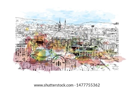 Building view with landmark of Cluj-Napoca, a city in northwestern Romania. Watercolor splash with Hand drawn sketch illustration in vector.