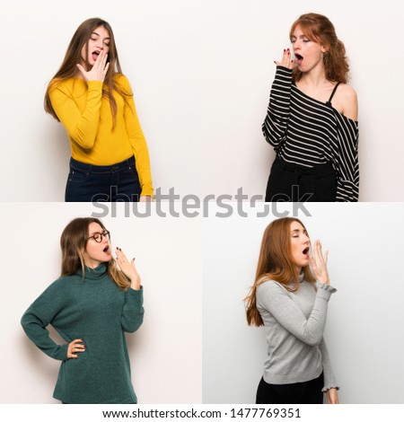 Set of women over white background yawning and covering wide open mouth with hand