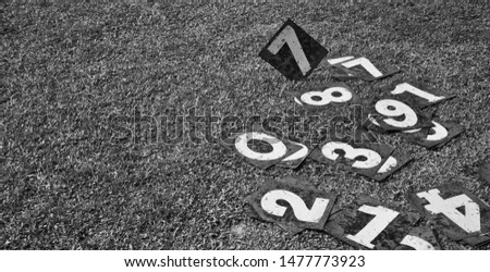 Metallic number plates on a ground isolated unique photo