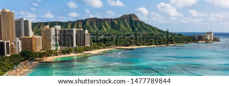 Hawaii panoramic Honolulu city travel landscape banner background of Waikiki beach and Diamond Head mountain peak at sunset, Oahu island, USA vacation. Royalty-Free Stock Photo #1477789844