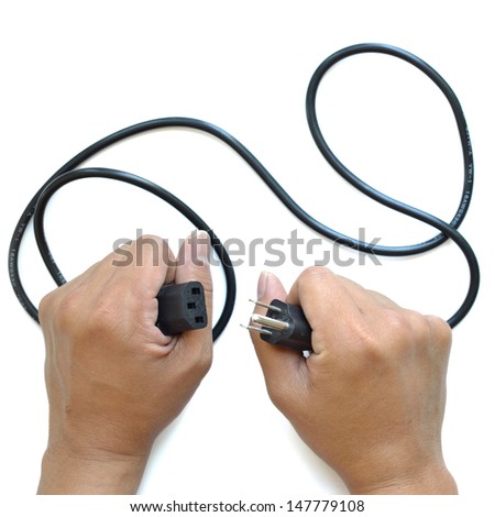 Classic AC cable on white background, Cable in hand.