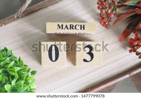 March 3. Date of March month. Number Cube with a flower and Sign wood on Diamond wood table for the background.