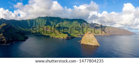 aerial view of the bay of Hane and Hokatu on the island of UA HUKA in the Marquesas Archipelago Royalty-Free Stock Photo #1477804235