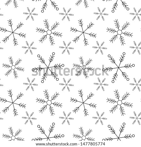 Winter seamless pattern, black linear snowflakes at the white background. Usable for wrapping paper, New year posters, cards, banners. Vector illustration