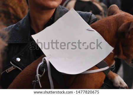 During a demonstration, a young woman holds a dog with a cardboard on which there is nothing written
