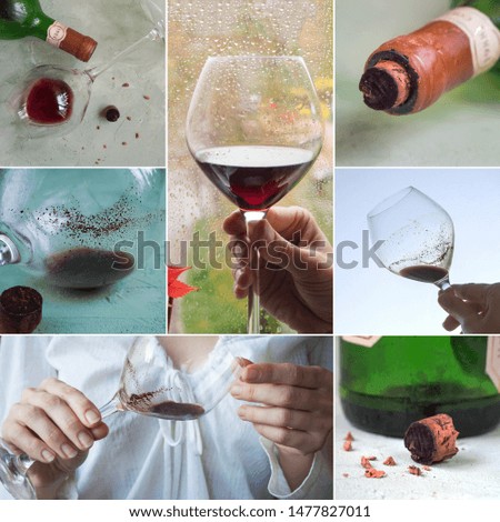 Collage with different views of sediment in a glass of old wine. Sediment in wine.