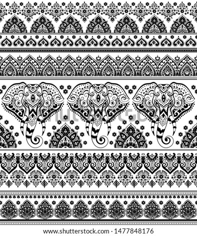 Indian rug tribal ornament pattern with elephants. Aztec towel, yoga mat. Vector lace Henna tattoo style. Can be used for textile, greeting business card background, phone case print