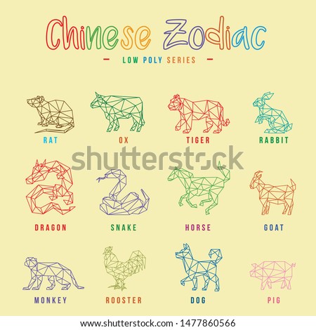 CHINESE ZODIAC ANIMALS LINE LOW POLY LOGO ICON SYMBOL SET. TRIANGLE GEOMETRIC POLYGON