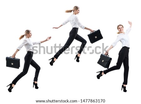 Collage of happy young business woman in formal wear jumping with briefcase. Isolated on white background.