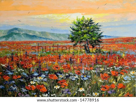 Lonely tree in a floor with poppies at bottom of mountains