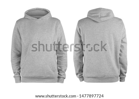 Men's grey blank hoodie template,from two sides, natural shape on invisible mannequin, for your design mockup for print, isolated on white background Royalty-Free Stock Photo #1477897724