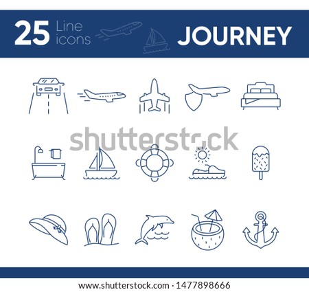 Journey line icon set. Airplane, hotel room, flip flops. Vacation concept. Can be used for topics like travel, beach, tropical resort