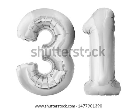 Number 31 thirty one made of silver inflatable balloons isolated on white background. Chrome silver balloons forming 31 thirty one. Birthday concept