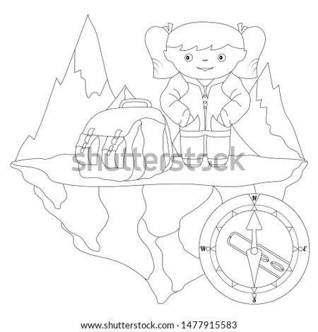 Girl with a backpack on a background of mountains. Mountain tourism. Zenart. Anti-stress coloring.
