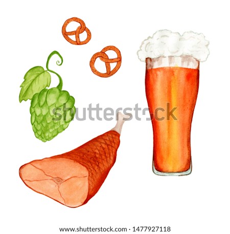 Watercolor set of traditional Oktoberfest beer, meat, pretzels and hop. Isolated on white background.