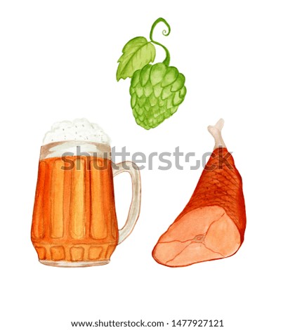 Watercolor set of traditional Oktoberfest beer, meat and hop. Isolated on white background.