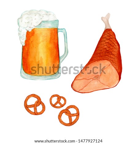 Watercolor set of cute food. Traditional Oktoberfest Food. Beer, meat, pretzels. Isolated on white background.