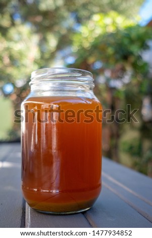 jar of recently home made vegetable broth stock cools outdoors in a garden on a wooden table