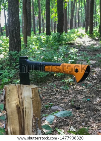 outdoor camping axe on log