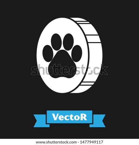 White Paw print icon isolated on black background. Dog or cat paw print. Animal track.  Vector Illustration