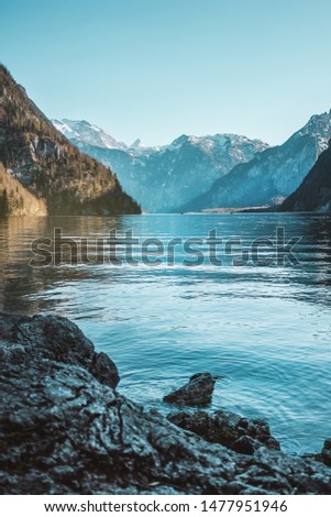 The King's Lake, Bavarian Alps, Germany. Mountains view with water reflection. Outdoor adventure in german Alps. Phone screensaver
