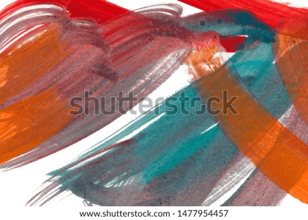 Hand drawn red, orange, turquoise and gray smears, splashes abstract backdrop. Modern expressionist painting texture. Multicolor watercolor wallpaper. Brush strokes, creative color mix. 