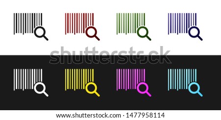 Set Search barcode icon isolated on black and white background. Magnifying glass searching barcode. Barcode label sticker. Research barcode.  Vector Illustration