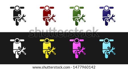 Set Scooter with screwdriver and wrench icon isolated on black and white background. Adjusting, service, setting, maintenance, repair, fixing.  Vector Illustration