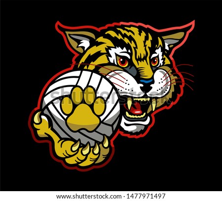bobcat volleyball team mascot holding ball for school, college or league