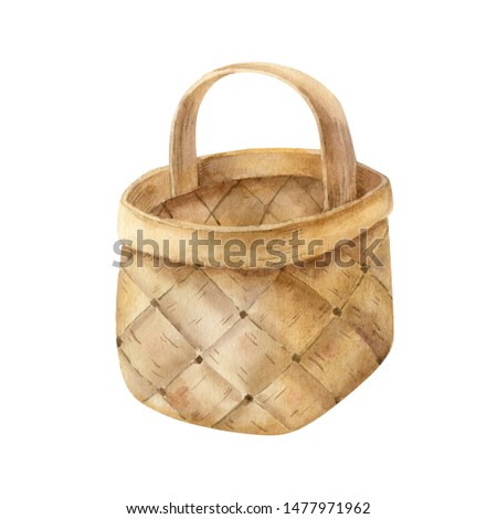 Watercolor illustration with empty wicker birch bark basket isolated on the white background. Handdrawn clipart. 