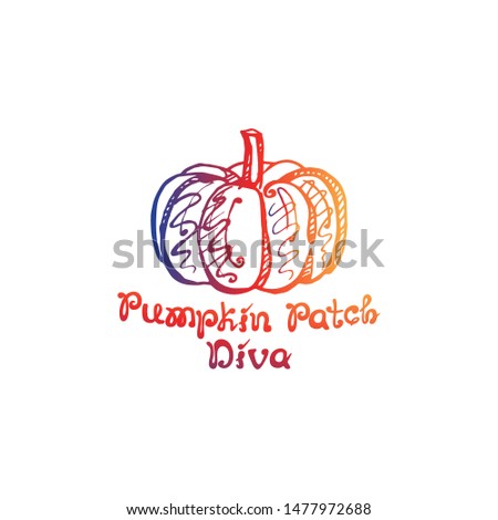 Autumn handdrawn gradient pumpkin with lettering isolated on white background. Text: Pumpkin Patch Diva