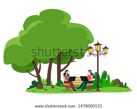 Two girls with laptops are sitting on a bench in a park, working or exchanging media in a cozy park with glasses of coffee. Vector illustration on a white background.