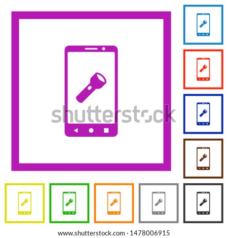 Mobile flashlight flat color icons in square frames on white background