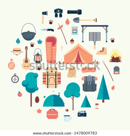Wanderlust scouting appliances, tools and gear isolated on white background. Icons of camping equipment. Accessories for tourism