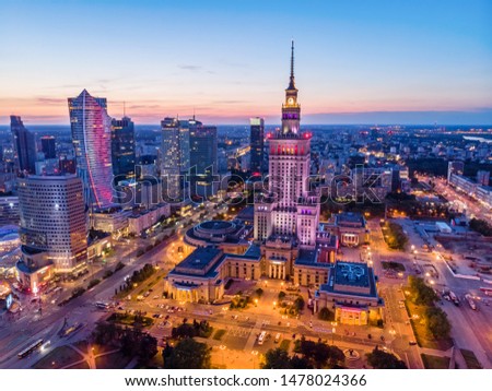 Warsaw city center at dusk aerial view Royalty-Free Stock Photo #1478024366