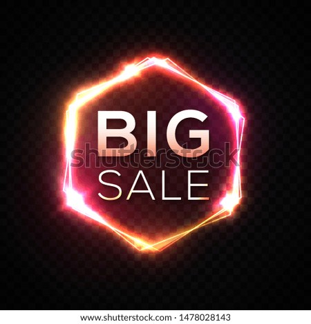 Big Sale banner. Original discount neon sign with glowing electric hexagon star light flash. 3d technology geometric shape poster on dark transparent background. 1980 style bright vector illustration.