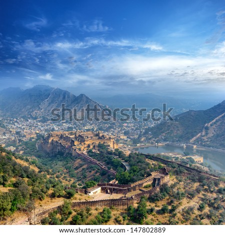 India Jaipur Amber fort in Rajasthan. Ancient indian palace architecture, panoramic view 