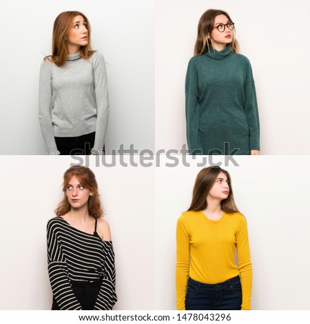 Set of women over white background looking up with serious face