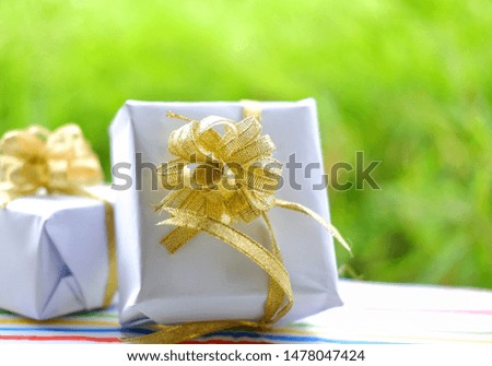 close up white gift box on green background