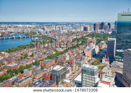 Panoramic aerial view of Boston from Prudential Tower observation deck