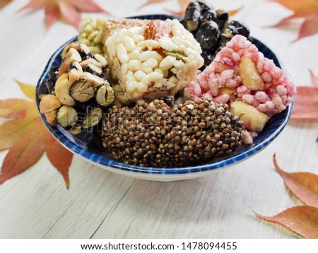 Korean traditional snacks Sweet Rice Puffs and Maple leaf, Gangjeong 
