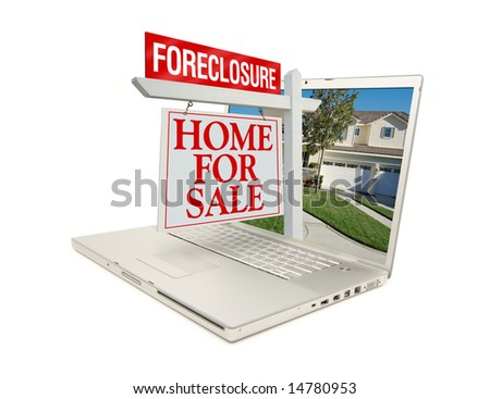 Foreclosure Home for Sale Sign & New Home on Laptop isolated on a white Background.
