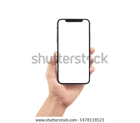 Hand holding smartphone device and touching screen Royalty-Free Stock Photo #1478118521