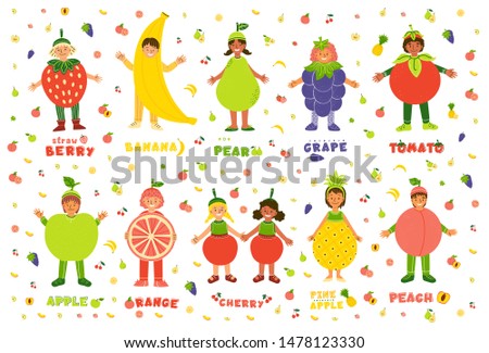 Kids in fruits costumes flat characters set. Boys and girls dressed for kindergarten performance, carnival, spectacle cartoon illustrations. Multiracial children in tropical fruit clothing