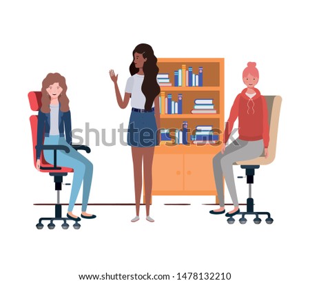 women sitting in the work office with white background