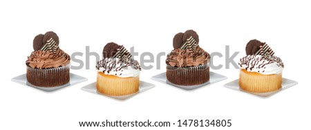 Chocolate and vanilla giant cupcakes on square plates isolated on white. Social media banner format
