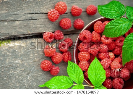 Garden raspberries in a bowl on a gray wooden background. With free space for text. Blur, selective focus.