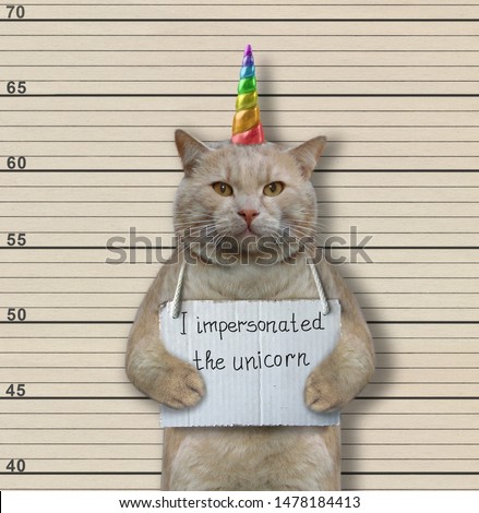 The cat criminal has the sign around his neck that says " I impersonated the unicorn ". Lineup background.